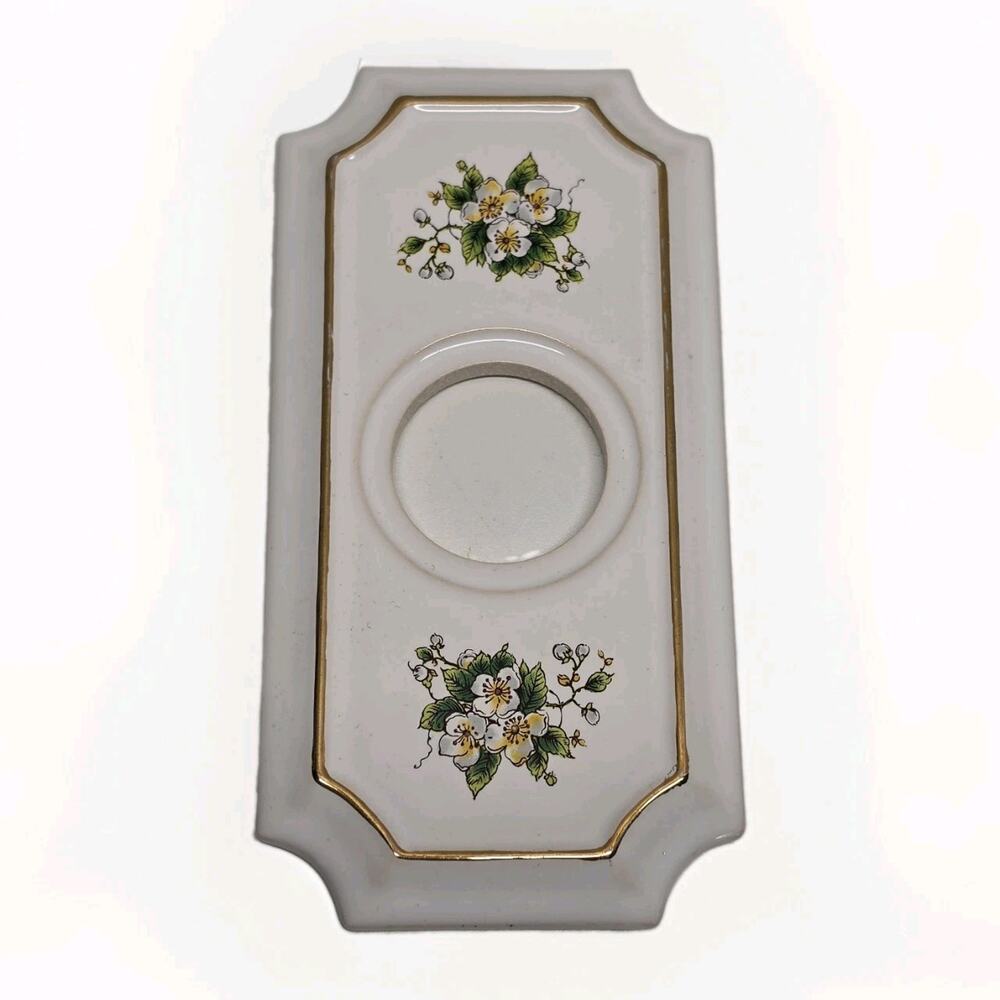 Quoizel Vintage Ceramic Porcelain Door Plate Gold Trim Yellow White Flowers